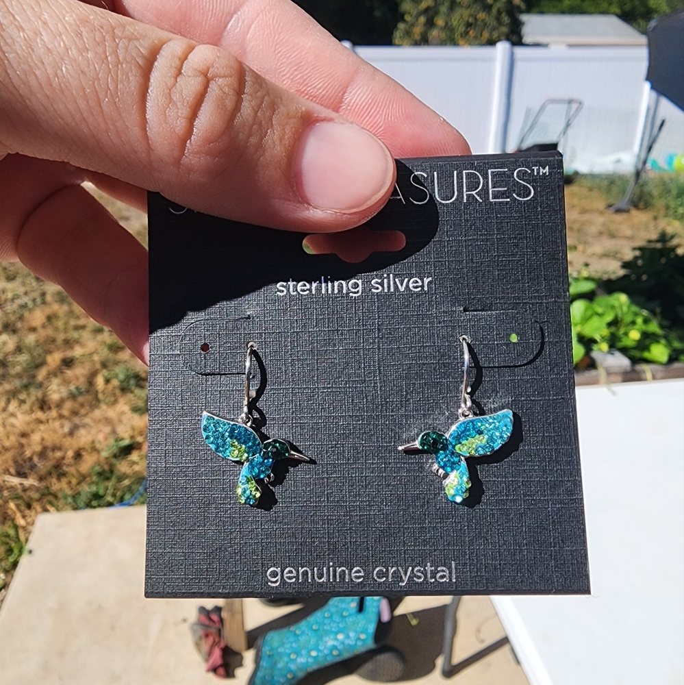 Hummingbird Earrings with Blue and Green Crystals Sterling Silver